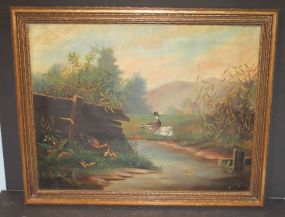 Oil Painting of Ducks signed M. E. tear on right side, 22