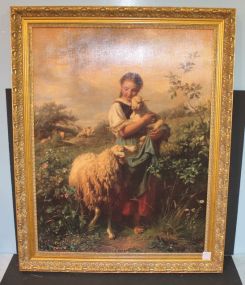 Contemporary Copy of Oil Painting of the Shepherdess by Original Artist Hofner original was painted in the 19th century, 20