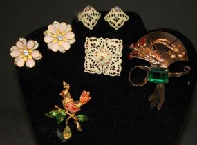 Lot of Costume Jewelry West Germany pin, earrings, Coro pin, Pair of Robert earrings Nylo Pin.