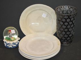 Four Ironstone Plates, Contemporary Vase, and Snowball Four Ironstone Plates, Contemporary Vase, and Snowball.