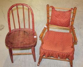 Two 20th Century Childs Pieces Painted red side chair and maple rocker with cushions.