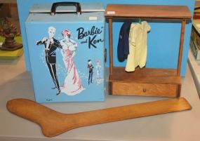 Barbie/Ken Suitcase Barbie, Ken, friends clothes, large wool sock, wood wardrobe for doll clothes.