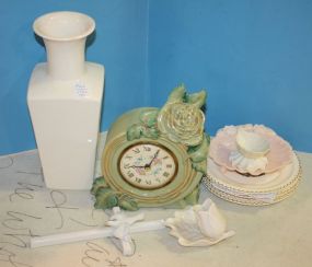Porcelain Mantel Clock, Porcelain Cross, Vase, Dishes Porcelain Mantel Clock, Porcelain Cross, Vase, Dishes