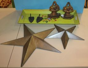 Painted Tin Rectangular Tray, Small Irons, Pair Basket Bookends, Stars Painted Tin Rectangular Tray, Small Irons, Pair Basket Bookends, Stars