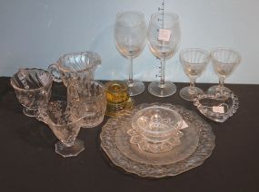 Lot of Glass Including Pitchers, Sugar, Plates, Glasses, Candlestick Lot of Glass Including Pitchers, Sugar, Plates, Glasses, Candlestick