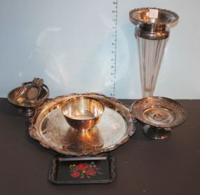 Glass with Silverplate Rim Vase, Silverplate Dishes, Tray, and Tin Tray Vase: 12
