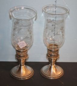 Pair Sterling Weighted Candlesticks with Etched Glass Shades Pair Sterling Weighted Candlesticks with Etched Glass Shades