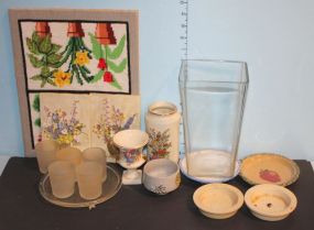 Box of Candleholders, Vases, Needlepoint Box of Candleholders, Vases, Needlepoint