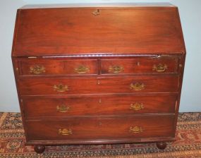Early 19th Century Mahogany Desk Large English 1800s fall front desk with fitted interior on bun feet, 46