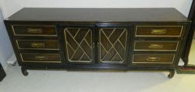 Contemporary Chinese Style Console Wood with black highlights Chinese console having two center doors that open with three interior drawers, drawers on each side, Chinese style leg, matches lot # 238, # 314, and # 318; 76