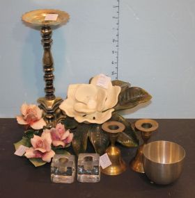 Candlesticks, Two Bell Brass Candlesticks, Ceramic Flowers Candlesticks Candlesticks, Two Bell Brass Candlesticks, Ceramic Flowers Candlesticks (damaged).