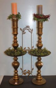 Pair of Tall Brass Candlesticks and Plate Rack 30