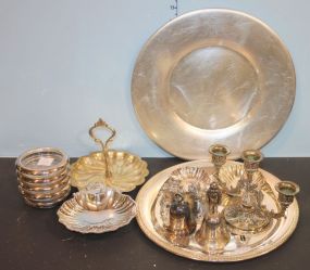 Silverplate Round Tray, Bells, Coasters, Salt and Pepper, Candlestick, and Shell Dishes Silverplate Round Tray, Bells, Coasters, Salt and Pepper, 5