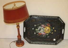 Hand Painted Metal Tray, Stenciled Painted Lamp with Tin Shade Tray: 22