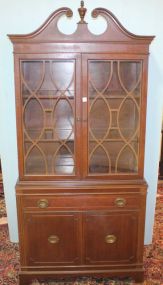 Small Mahogany China Cabinet with Broken Pediment Top, Two Latticework Doors, Drawer and Two Doors 34