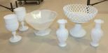 6 pcs Milk Glass 2 Goblets, 2 small vases, open lace compote, and grape pattern footed bowl