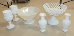 6 pcs Milk Glass 2 Goblets, 2 small vases, open lace compote, and grape pattern footed bowl