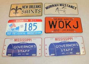 6 Licenses Plates 2 Ms Governors staff, wokj Jackson, Murrah Mustangs, No Saints, and 1969 Presidential.