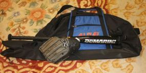 Baseball Equipment All-star Bag, DeMartini' Bat, and Mizuno Glove.