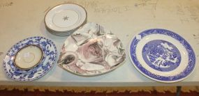 Several Blue and White Plates, Marbleized Ceramic Cake Stand and Plates Several Blue and White Plates, Marbleized Ceramic Cake Stand and Plates