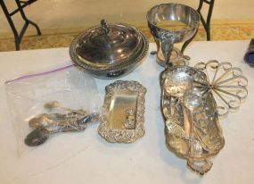 Silverplate Casserole, Silverware, Oval Tray, and Hot Water Frame Silverplate Casserole, Silverware, Oval Tray, and Hot Water Frame.