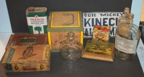 Lot of Vintage Advertising Items in Whiskey Crate and glass