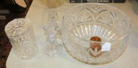 Crystal Bowl, Covered Jar, Pair candlesticks, Two Wood Napkin Rings