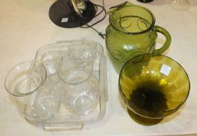 Glass Serving Tray, Green Water Pitcher, Compote, Two Vases, and Creamer/Sugar Glass Serving Tray, Green Water Pitcher, Compote, Two Vases, and Creamer/Sugar