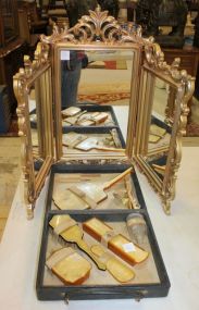 Trifold Plastic Gold Painted Mirror and Vintage Dresser Set Trifold Plastic Gold Painted Mirror 12