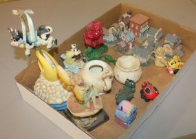 Box Lot Resin house, cow in the moon music box, other toys.