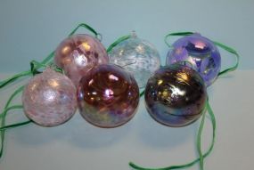 Six Blown Glass Christmas Ornaments in Various Colors Description