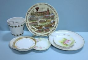 Bucket, Texas Tech Plate, and Five Floral Design Plates