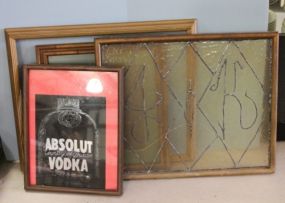 Two Wooden Frames, Handmade Stained Glass Piece and Hand-drawn Absolut Vodka Sketch Description