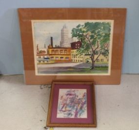 Watercolor of Street Corner, St. Paul Minnesota, artist signed M. Kelley 1953 and Framed Abstract Drawing Description