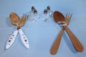 Two Wooden Salad Sets (Spoon and Fork) and Four Salt and Peppers Description