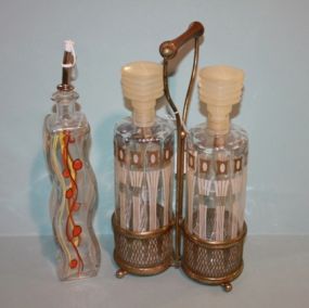 1950's Double Bottle Set in Brass Stand and Painted 1960's Bottle Description