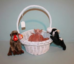 White Wicker Basket and Three Beanie Babies Description