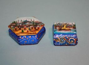 Two Hand-painted Camel Bone Trinket Boxes Description