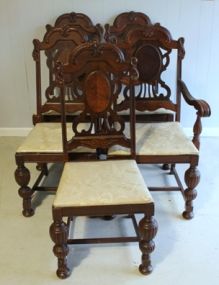 Five 1940's Jacobean Style Walnut Veneer Chairs Description