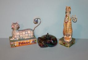 Two Jim Shore Cat Figurines and a Cat Design Glass Oil Candle Description