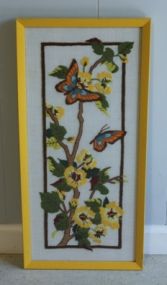 Framed Needlework of Butterflies and Flowers Description