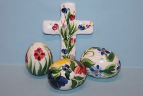 Three Hand-Painted Gail Pittman Eggs and Gail Pittman Hand-Painted Cross Description