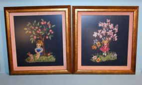 Two Framed Tapestry/Needlework of Boy and Girl Sitting Under Trees Description