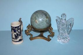 Waterford Crystal Angel, Beer Stein and Marble Ball on Brass Dragon Design Stand Description