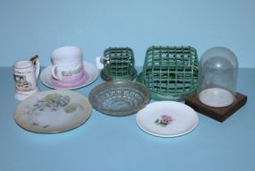 Two Flower Flogs, Glass Dome on Wooden Plateau, Cup and Saucer, Small Mug and Three Dishes Description