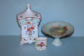 Gerold-Porzellan Bavaria, Porcelain Covered Canister; Rosenthal Toothpick Holder, Hand Painted Porcelain Compote Description