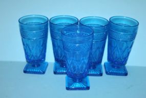 Set of Five Blue tumblers with Thumbprint Design and Square Bases Description