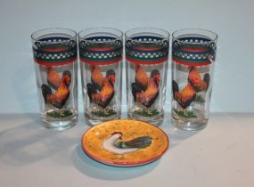 Four Rooster Design Glasses with a Rooster Design Plate Description