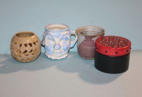 Pottery Candle, Clown Mug, Decorative Candle Holder and Covered Black and Red Jar Description