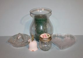 Miscellaneous lot with Lemon Juicer, Candle Vase, Two heart Shaped Etched Roses and Glass Jar Description